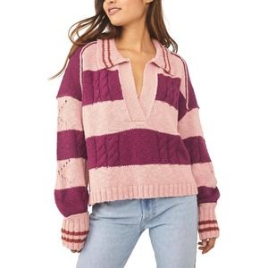 Free People Come And Get It Pullover Sweater Moody Pink Combo Striped Size S NEW